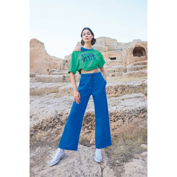 Kısa Kollu never Give Up 3lü Crop Eşofman Takımı