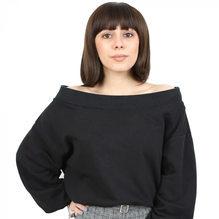 Kısa Küt Perçemli Fiber Sentetik Peruk - Açık Kahve