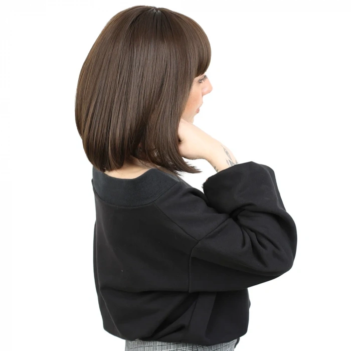 Kısa Küt Perçemli Fiber Sentetik Peruk - Açık Kahve