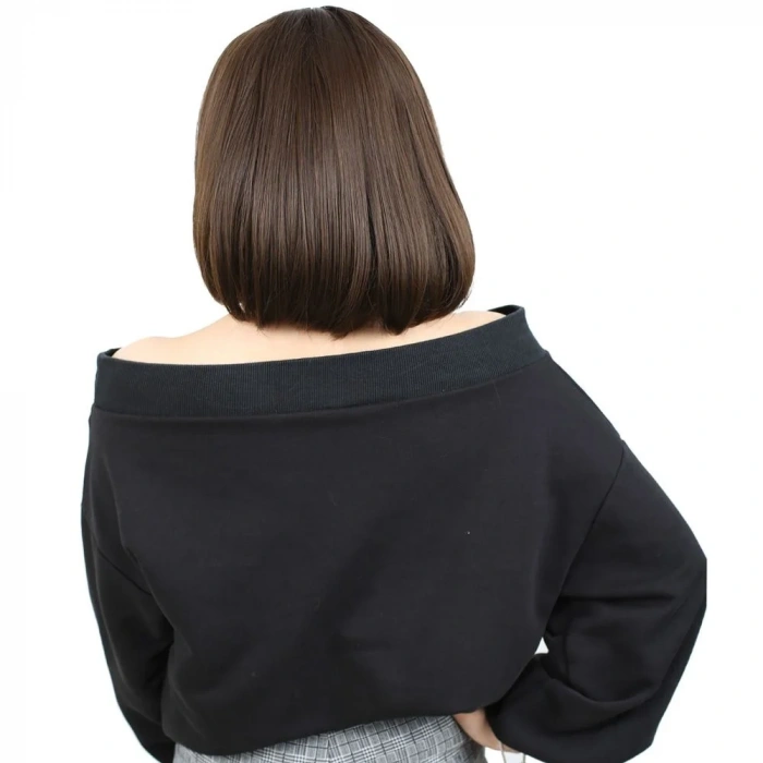 Kısa Küt Perçemli Fiber Sentetik Peruk - Açık Kahve