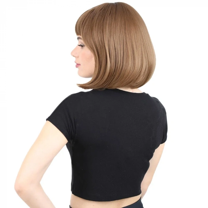 Kısa Küt Perçemli Fiber Sentetik Peruk - Kumral