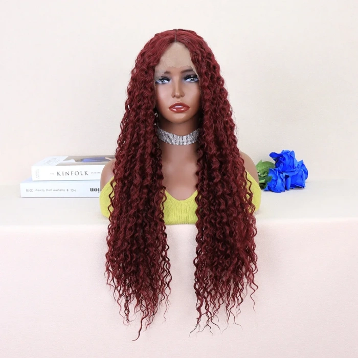 Kızıl Kahve Uzun Kıvırcık Dalgalı Fiber Sentetik Tül Peruk
