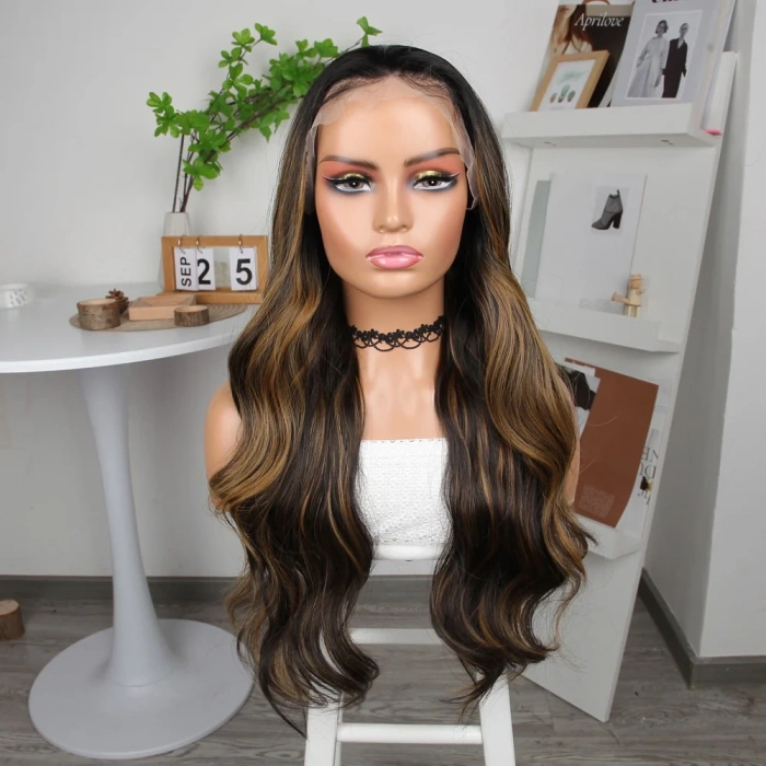 Koyu Kestane Karamel Işıltılı Fiber Sentetik Geniş Dalgalı Tül Peruk