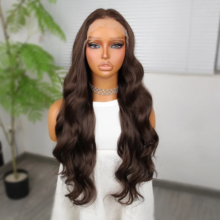 Koyu Kumral Dalgalı Fiber Sentetik Tül Peruk