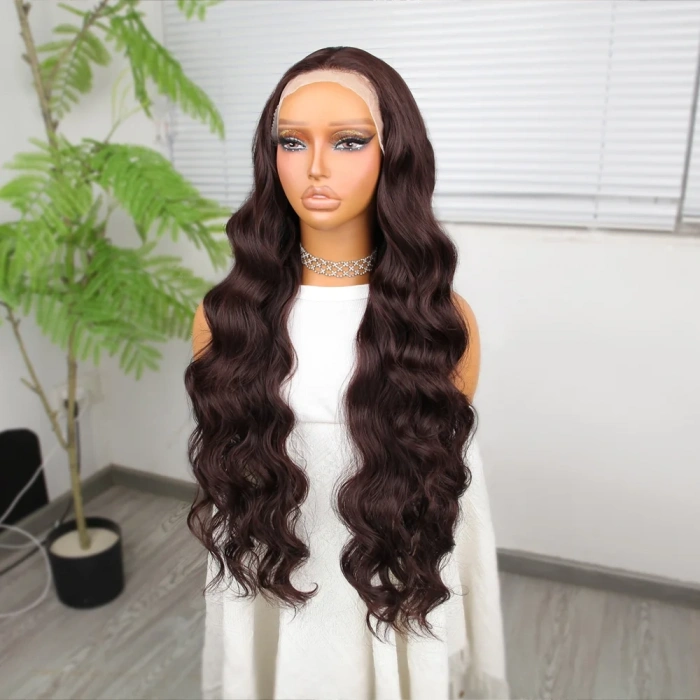 Koyu Kumral Ekstra Uzun Fiber Sentetik Dalgalı Tül Peruk