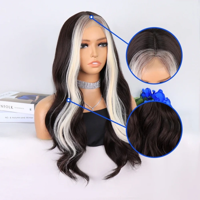 Koyu Kumral Perçemler Beyaz Platin Tül Peruk