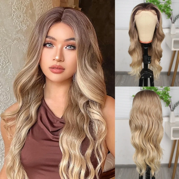 Kumral Dore Sarı Ombre  ve Röfleli Fiber Sentetik Geniş Dalgalı Tül Peruk