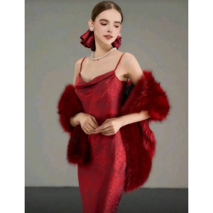 Kürk Orijinal Kırmızı Seksi Omuzluk Şık Kürk