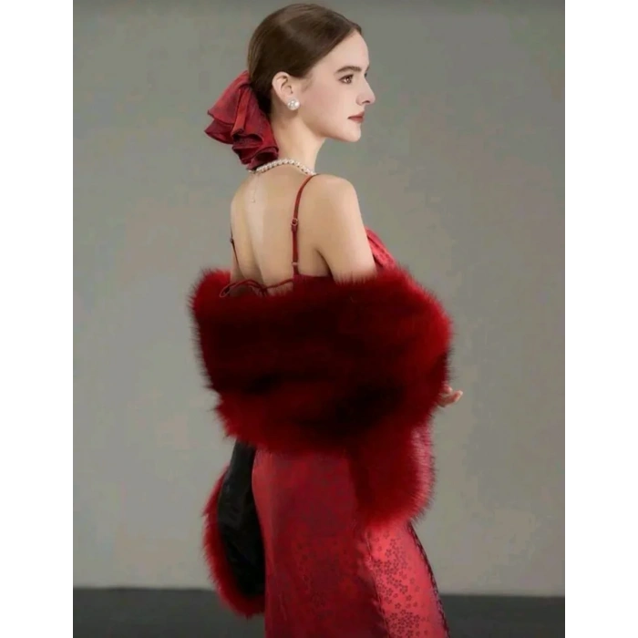 Kürk Orijinal Kırmızı Seksi Omuzluk Şık Kürk