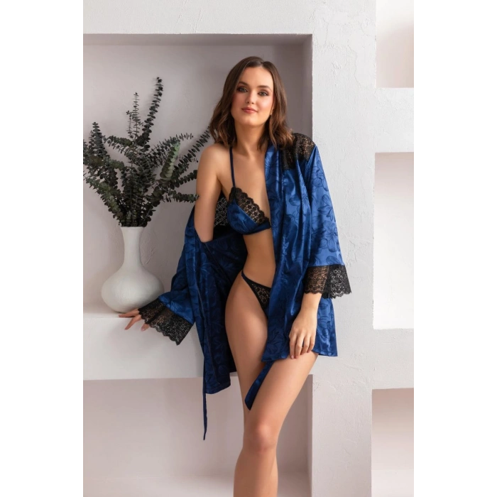 Kuşaklı Mini Boy Sabahlık Lacivert