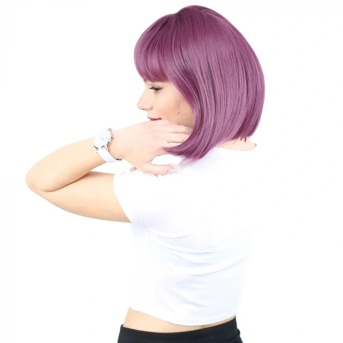 Küt Kahküllü Fiber Sentetik Peruk - Patlıcan Moru