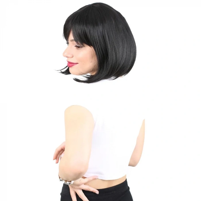 Küt Kahküllü Fiber Sentetik Peruk - Siyah