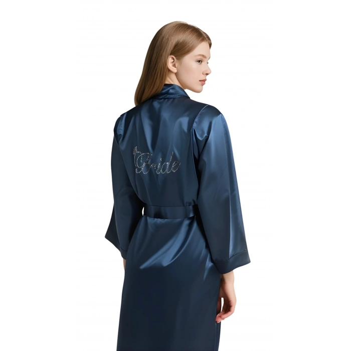 Lacivert Saten Bride Sabahlık Zarif Kadın Ev Giyim