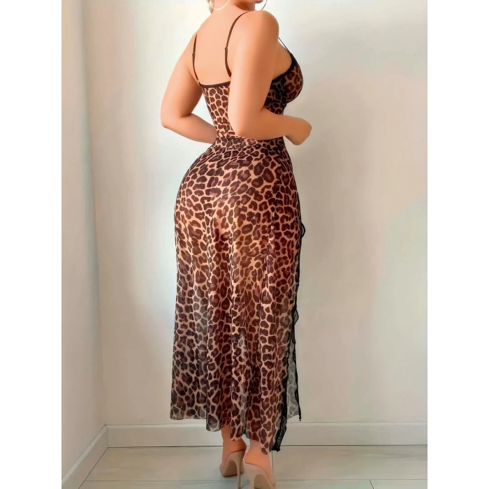 Leopar Desenli Yırtmaçlı Fantezi Uzun Gecelik