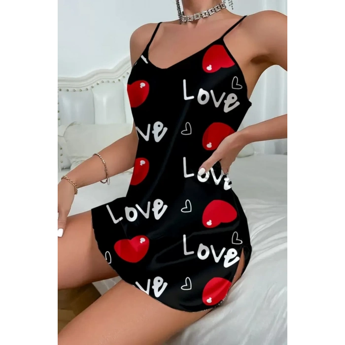 Love Desenli Siyah Saten Gecelik