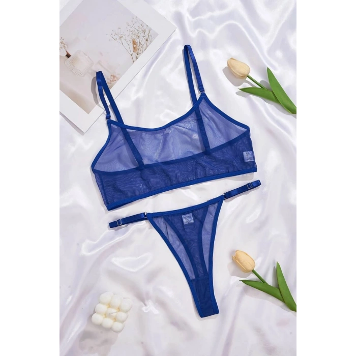 Mavi Transparan Tül Bralet Tanga İç Giyim Takımı