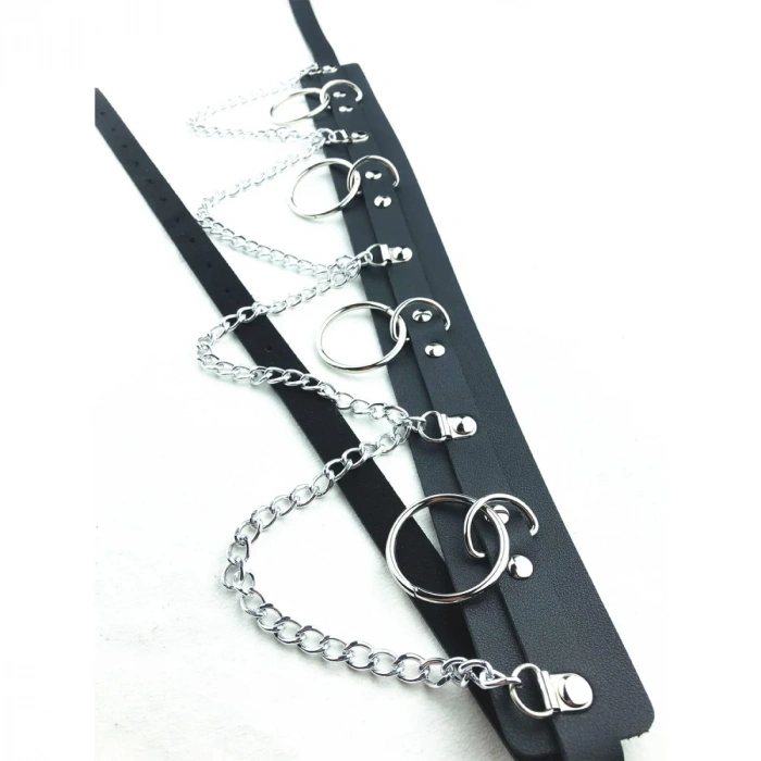 Metal Halkalı Zincir Detaylı Gotik Harness Kemer