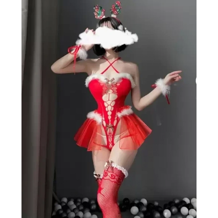 Özel Tasarım Transparan Büstiyer Kostüm Seti Peluş Detaylı File Çoraplı