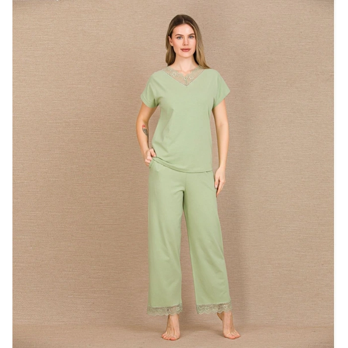 Pamuklu Şık Tasarım Dantel İşlemeli Yeşil Kısa Kol Pijama Takımı