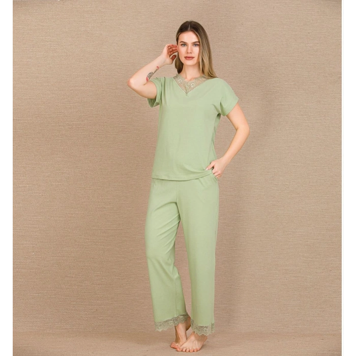 Pamuklu Şık Tasarım Dantel İşlemeli Yeşil Kısa Kol Pijama Takımı