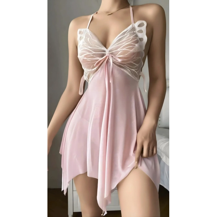 Pembe Butterfly Lace Kelebek İşlemeli Tül Fantezi Gecelik