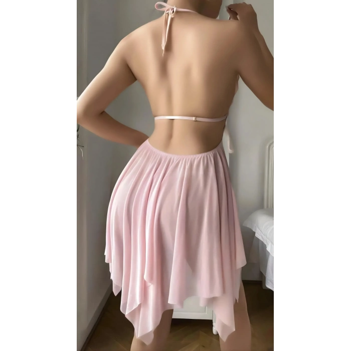 Pembe Butterfly Lace Kelebek İşlemeli Tül Fantezi Gecelik