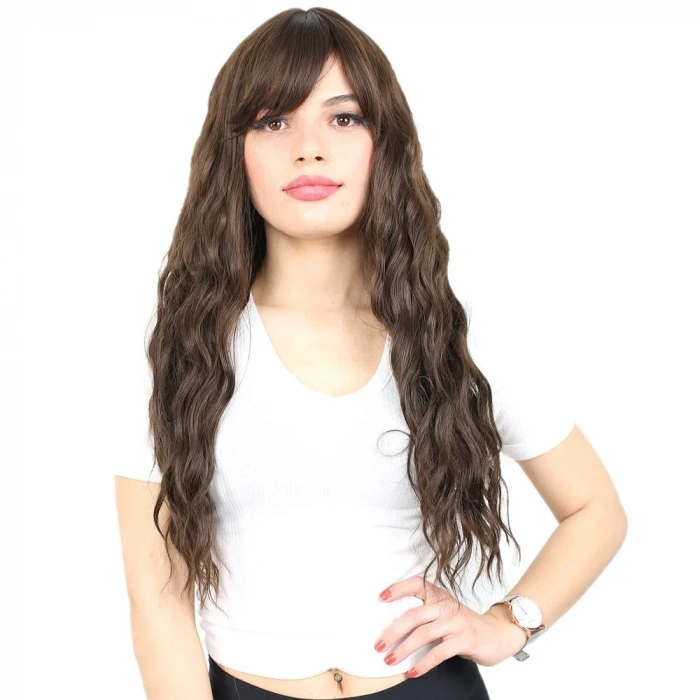 Perçemli Uzun Su Dalgası Fiber Sentetik Peruk- Açık Kahve