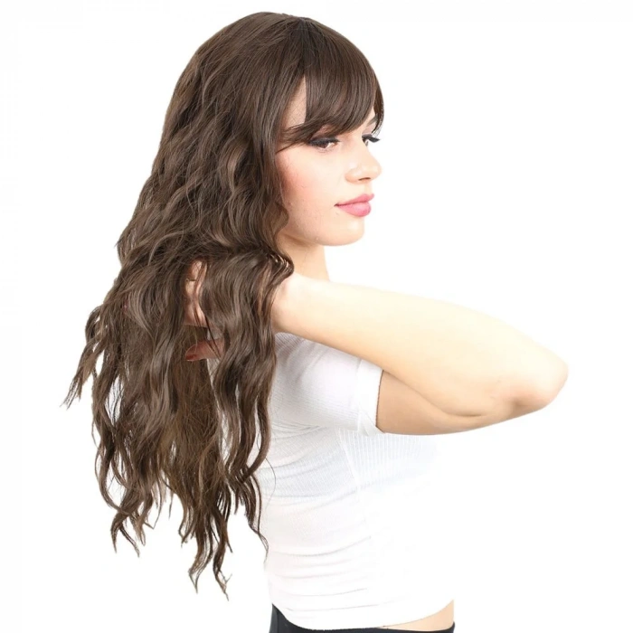 Perçemli Uzun Su Dalgası Fiber Sentetik Peruk- Açık Kahve