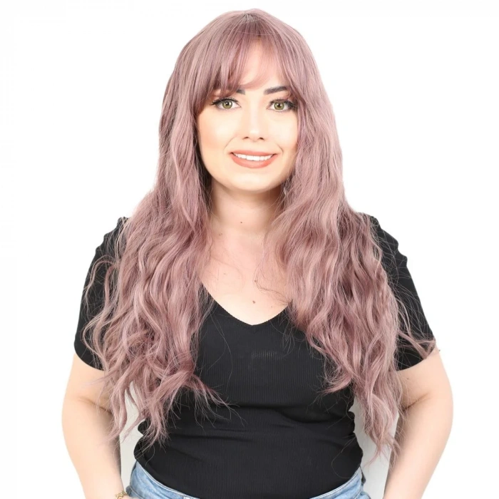 Perçemli Uzun Su Dalgası Fiber Sentetik Peruk- Gül Kurusu