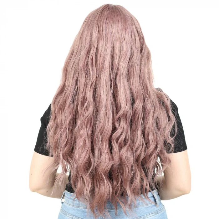Perçemli Uzun Su Dalgası Fiber Sentetik Peruk- Gül Kurusu