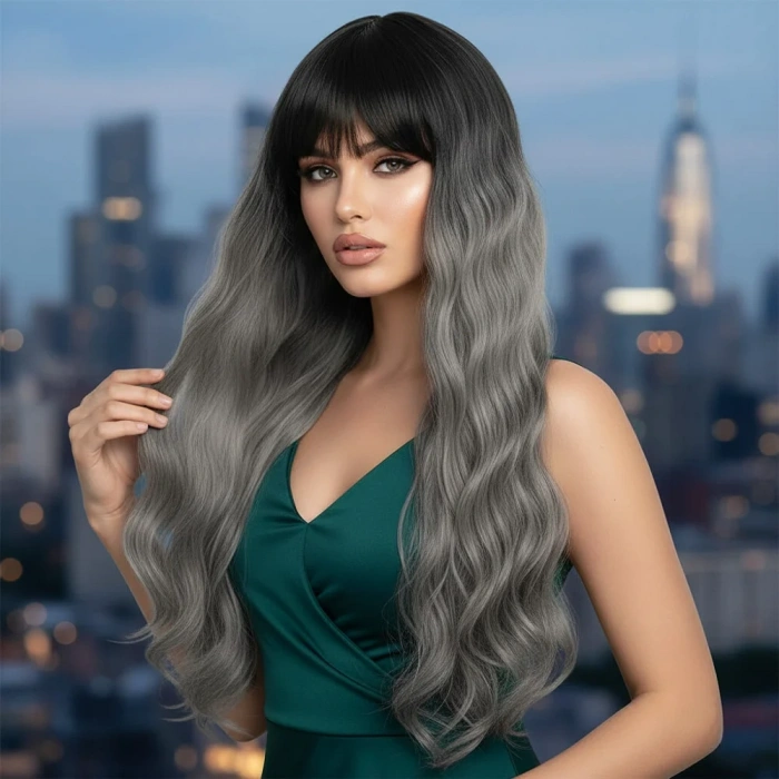 Perçemli Uzun Su Dalgası Fiber Sentetik Peruk - Siyah / Gri Ombreli