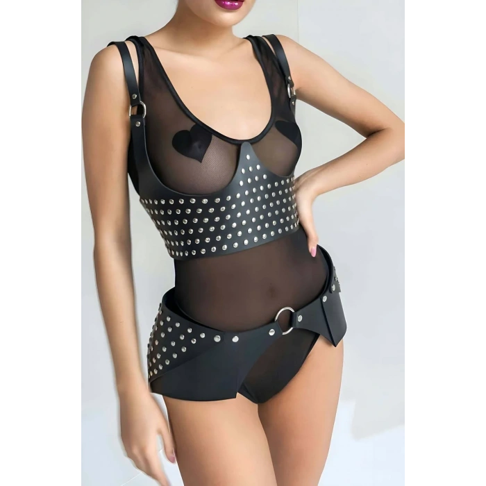 Perçin Detaytlı Şık Kemer ve Harness Takım - APFT1303