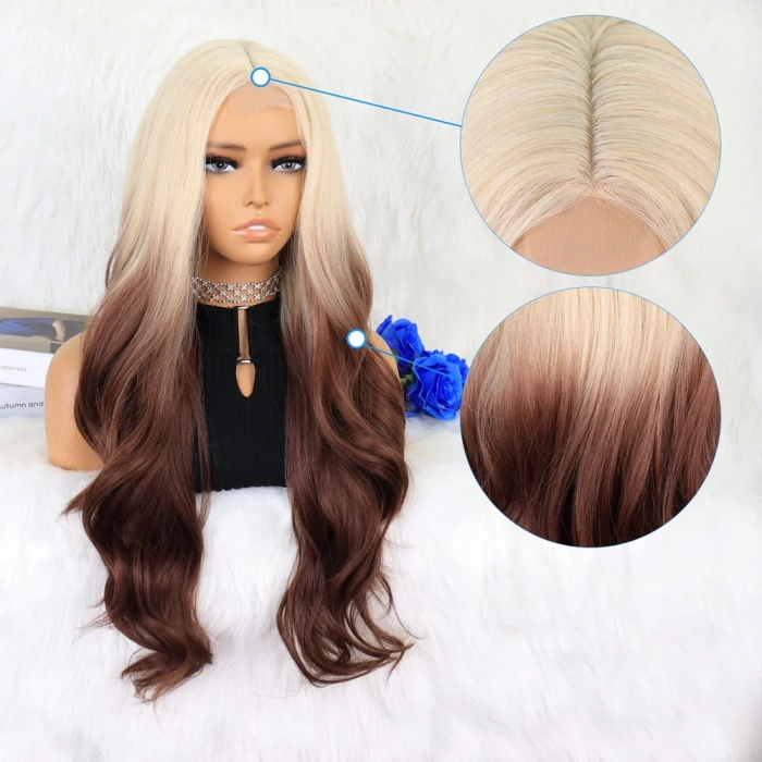 Platin Çikolata Kahve Ombreli Uzun Dalgalı Tül Peruk