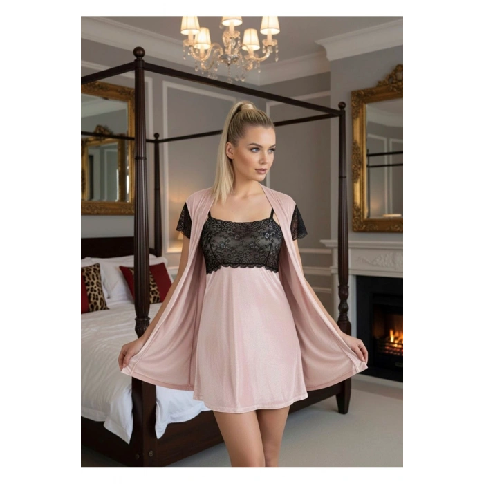 Pudra Kadife Sabahlık & Gecelik Takım 2 Li - 1430