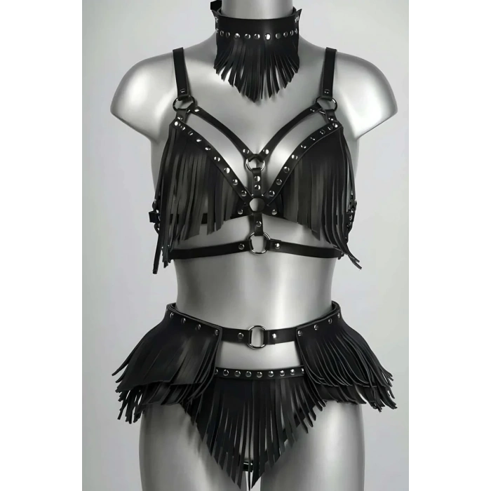 Püskül Detaylı Şık Deri Harness Takım - APFT627