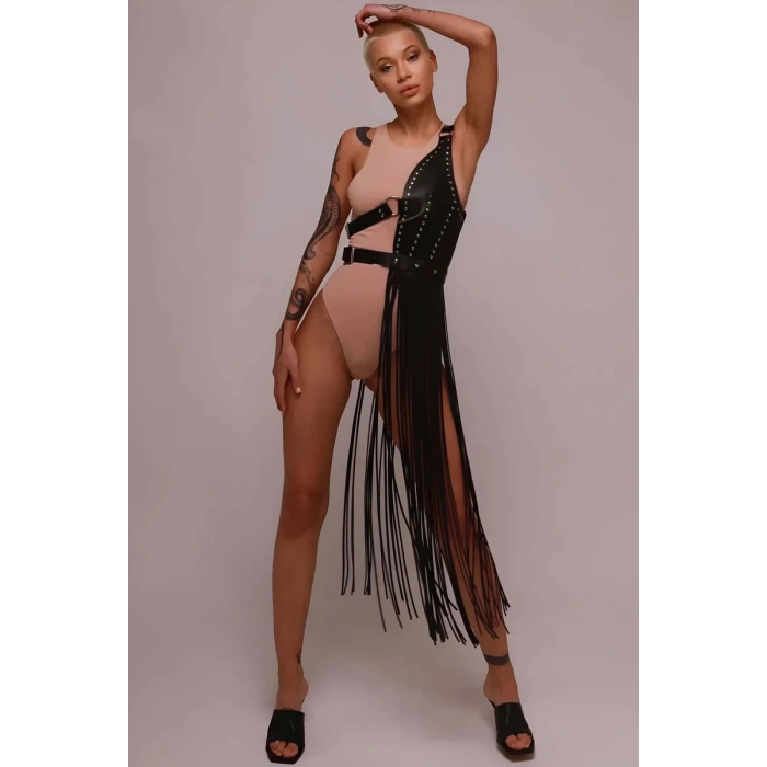 Püsküllü Deri Ceket Harness, Püsküllü Seksi Deri Harness - APFT1014