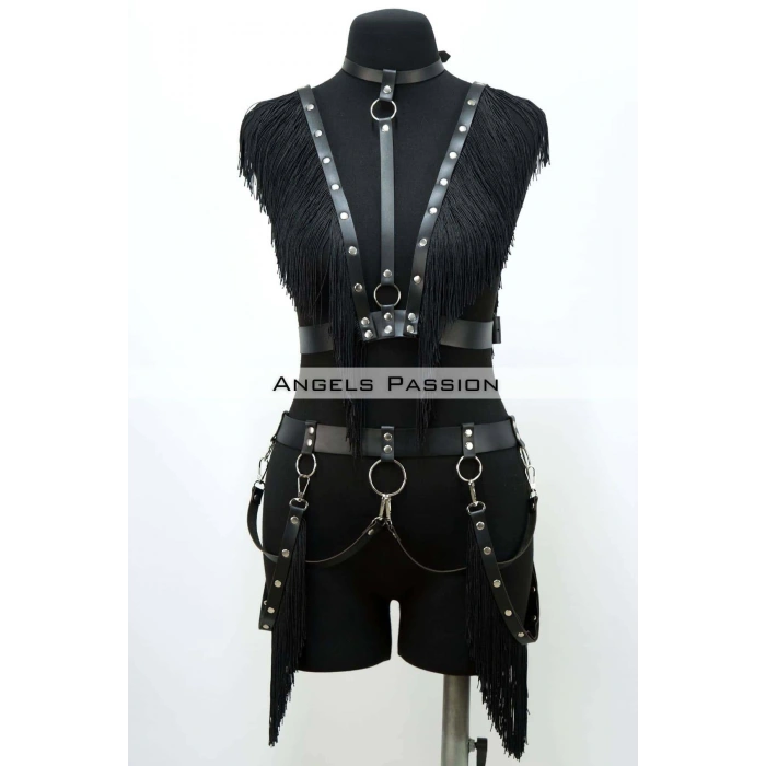 Püslüllü Deri Harness Takım, Püsküllü Elbise Aksesuarı - Brf768