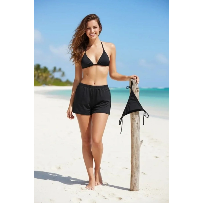 Siyah 3’lü Bikini Takımı Şortlu Yandan Bağlamalı Üçgen Üst Esnek Kadın Mayo