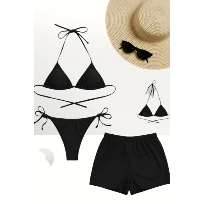Siyah 3’lü Bikini Takımı Şortlu Yandan Bağlamalı Üçgen Üst Esnek Kadın Mayo