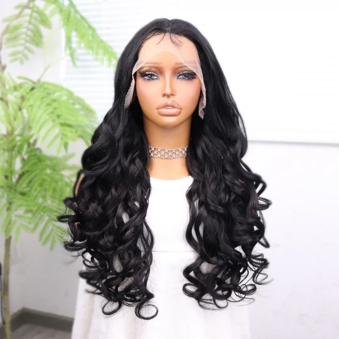Siyah Bebek Saçlı Fiber Sentetik Dalgalı Tül Peruk