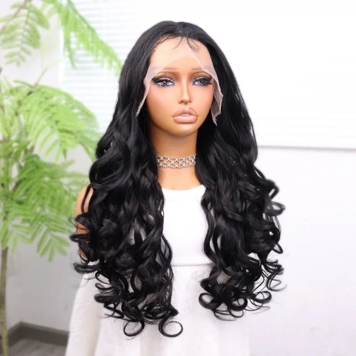 Siyah Bebek Saçlı Fiber Sentetik Dalgalı Tül Peruk