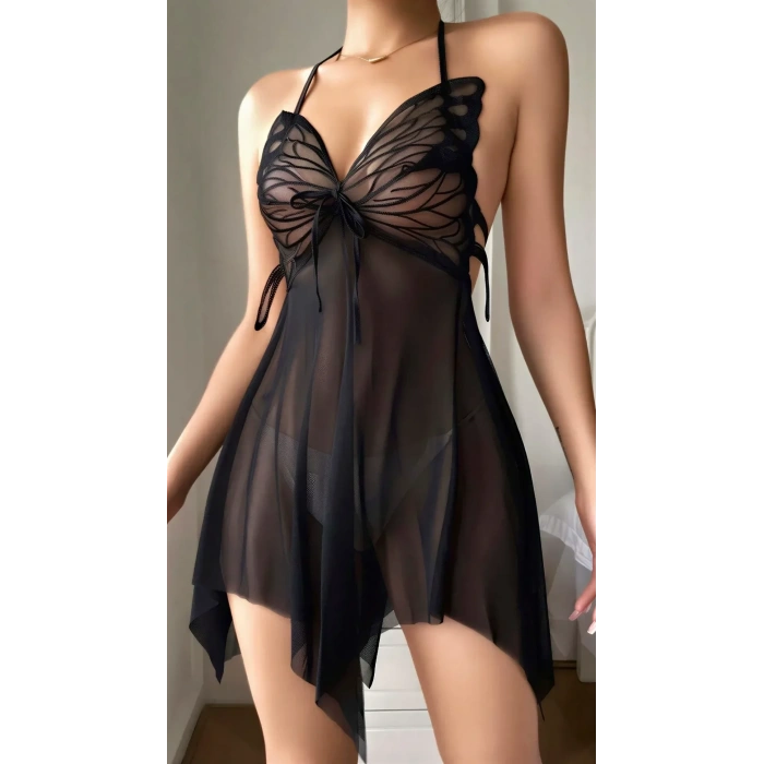 Siyah Butterfly Lace Kelebek İşlemeli Tül Fantezi Gecelik