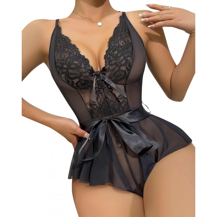 Siyah Dantel İşlemeli Kurdelalı Fantezi Tül Babydoll