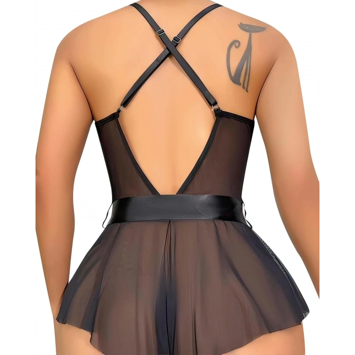 Siyah Dantel İşlemeli Kurdelalı Fantezi Tül Babydoll