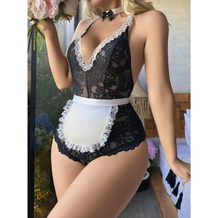 Siyah Dantel İşlemeli Kurdelalı Fransız Hizmetçi Kostümü