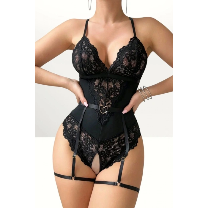 Siyah Dantel Jartiyerli Bodysuit Gecelik Kemer Detaylı Şık Kadın Gece Giyim