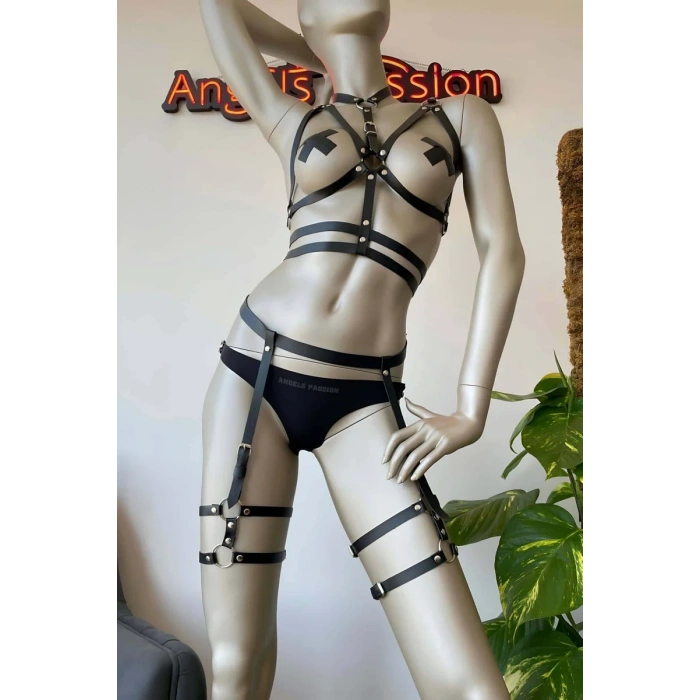 Siyah Deri Fantezi Jartiyer Harness Takım - APFT455