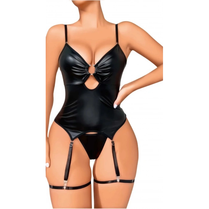 Siyah Deri Lame Detaylı Seksi Fantezi Body