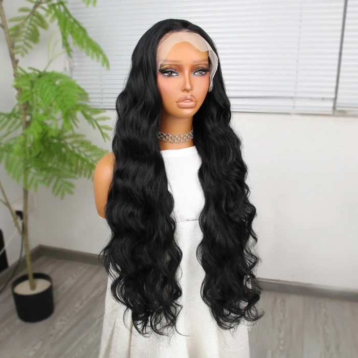 Siyah Ekstra Uzun Fiber Sentetik Dalgalı Tül Peruk