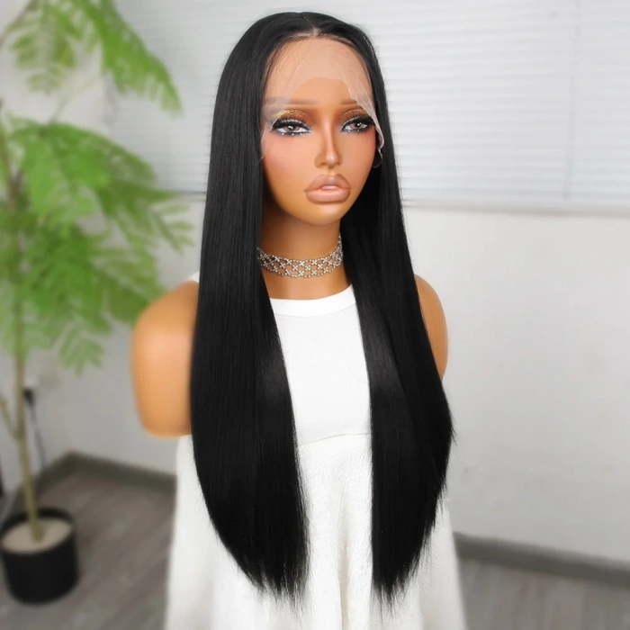 Siyah Fiber Sentetik Düz Tül Peruk